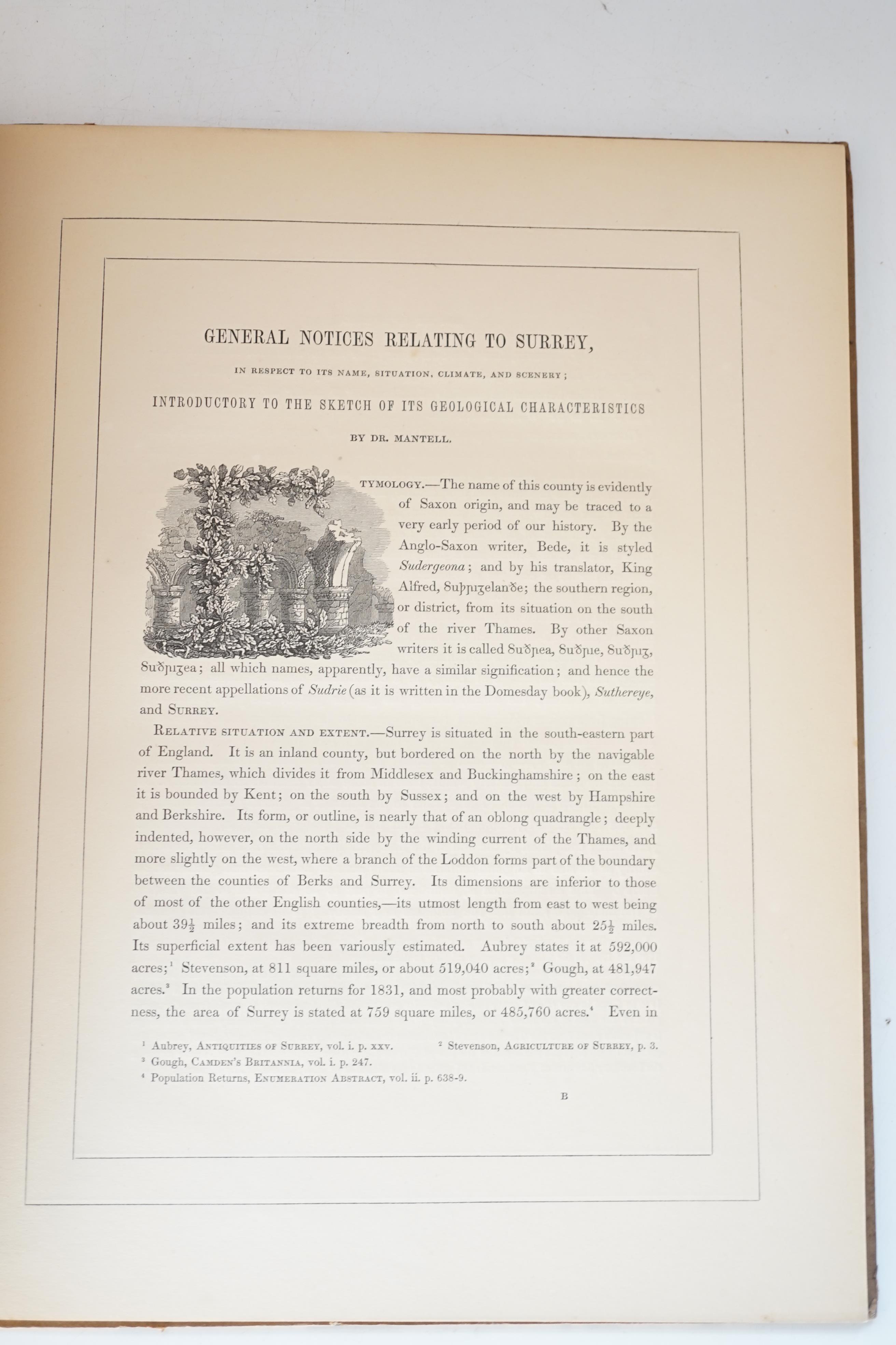 Mantell, Gideon - Sketch of the Geology of Surrey. First separate edition, 4to, 3 lithographed plates, 1 hand-coloured, plate 2 with worming to lower edge, original cloth-backed paper-covered boards, tear to lower sectio